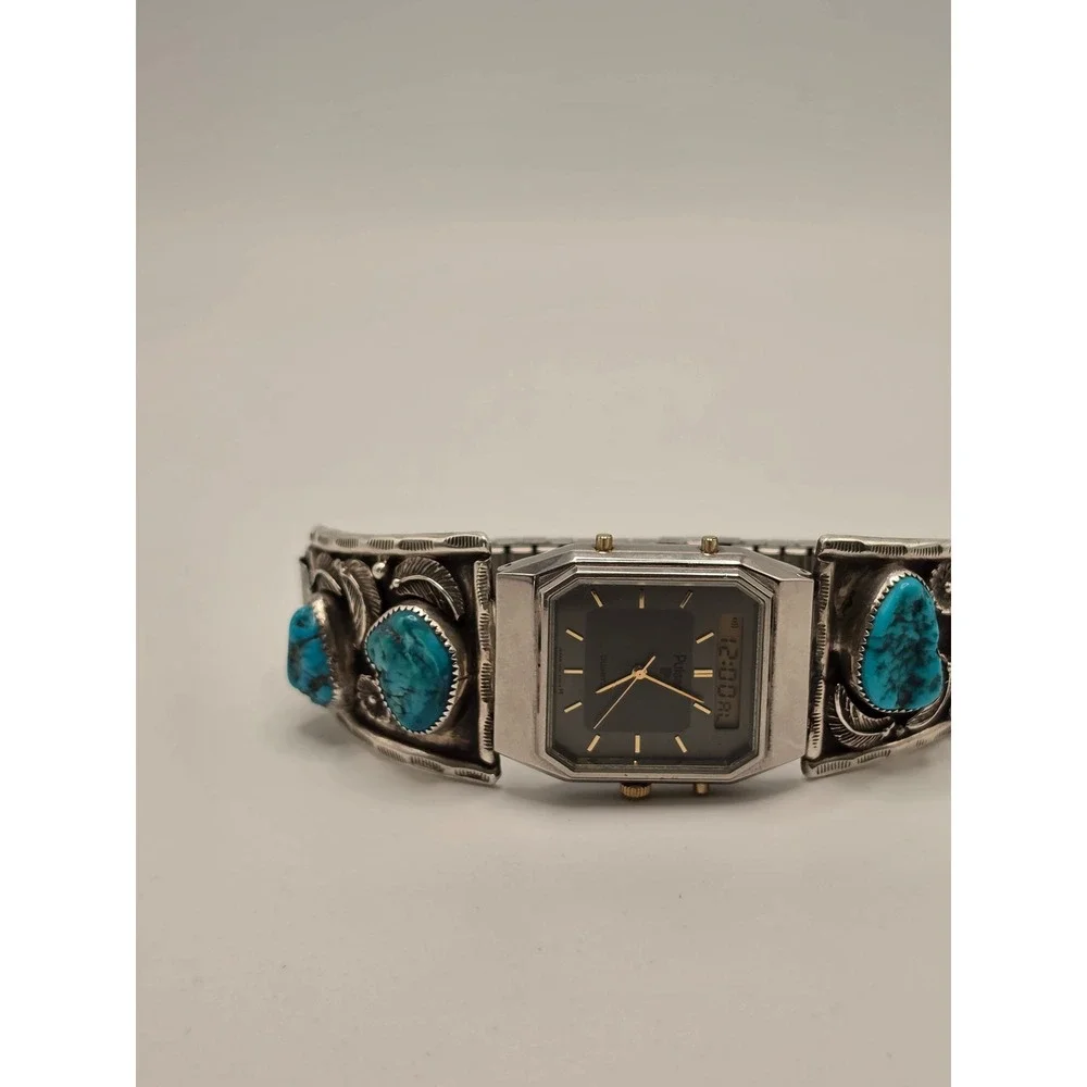 Vintage Pulsar V031-5080 Ana-Digi Watch Sterling Silver Turquoise Cuff Signed